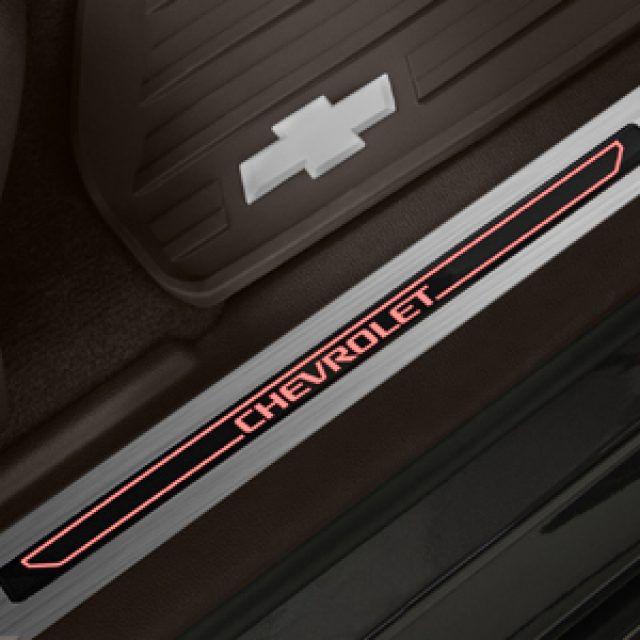 Chevrolet Illuminated Front Door Sill Plates with Cocoa Surround and Chevrolet Script 22933515 Chevrolet Accessories