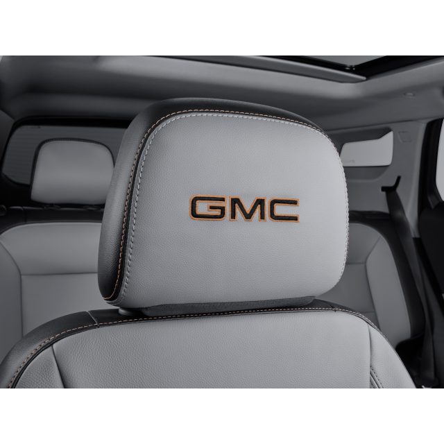 GMC Vinyl Headrest in Medium Ash Gray with Embroidered GMC Script