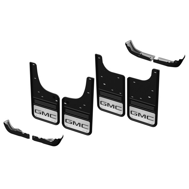 GMC Front and Rear Rubber No Drill Gatorback Mud Flap Kit with Black GMC Logo by Truck Hardware Associated Accessories 19432686 GMC Accessories